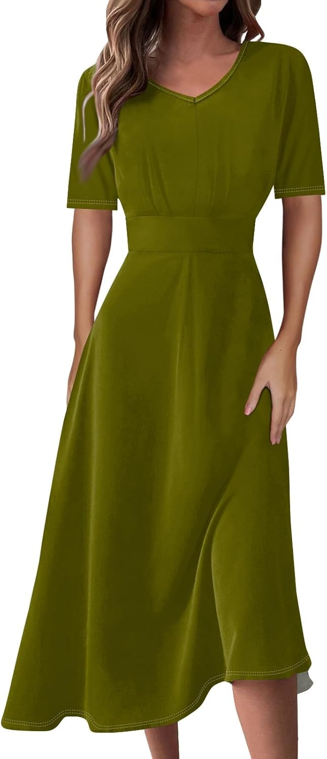 Women's Summer Elegant Cocktail Dress Solid Color Swing V-Neck Party Gown Dresses, S-2XL