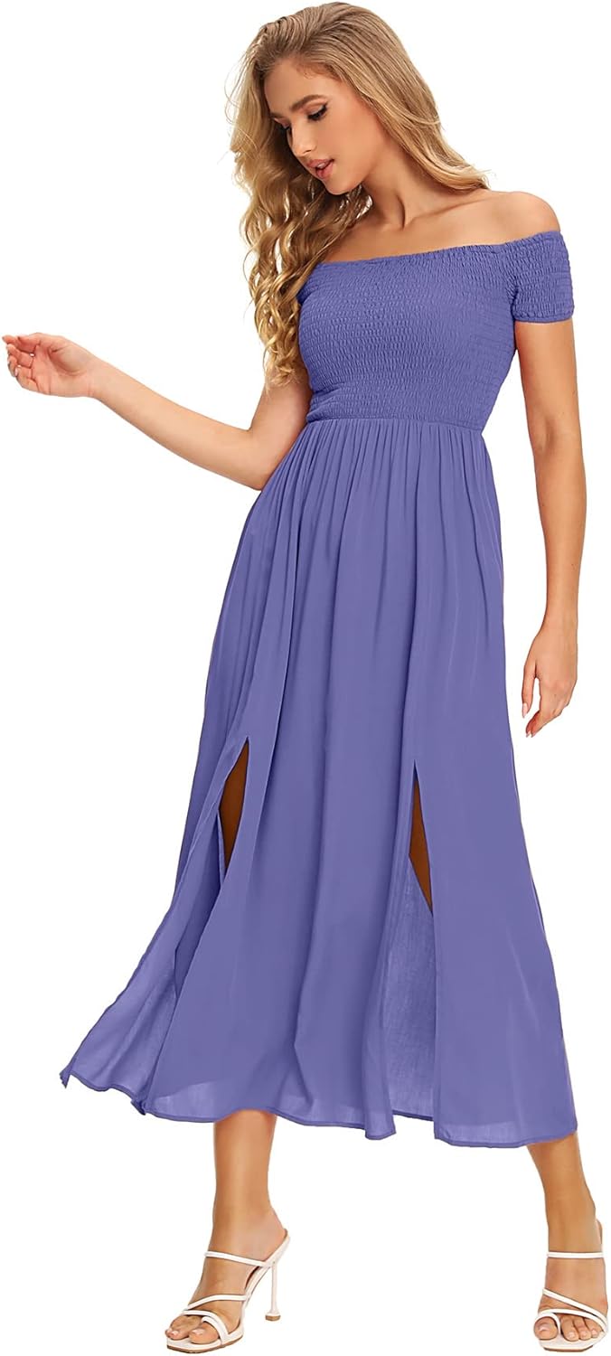Floerns Women's Boho Floral Print Off Shoulder Split Long A Line Dress