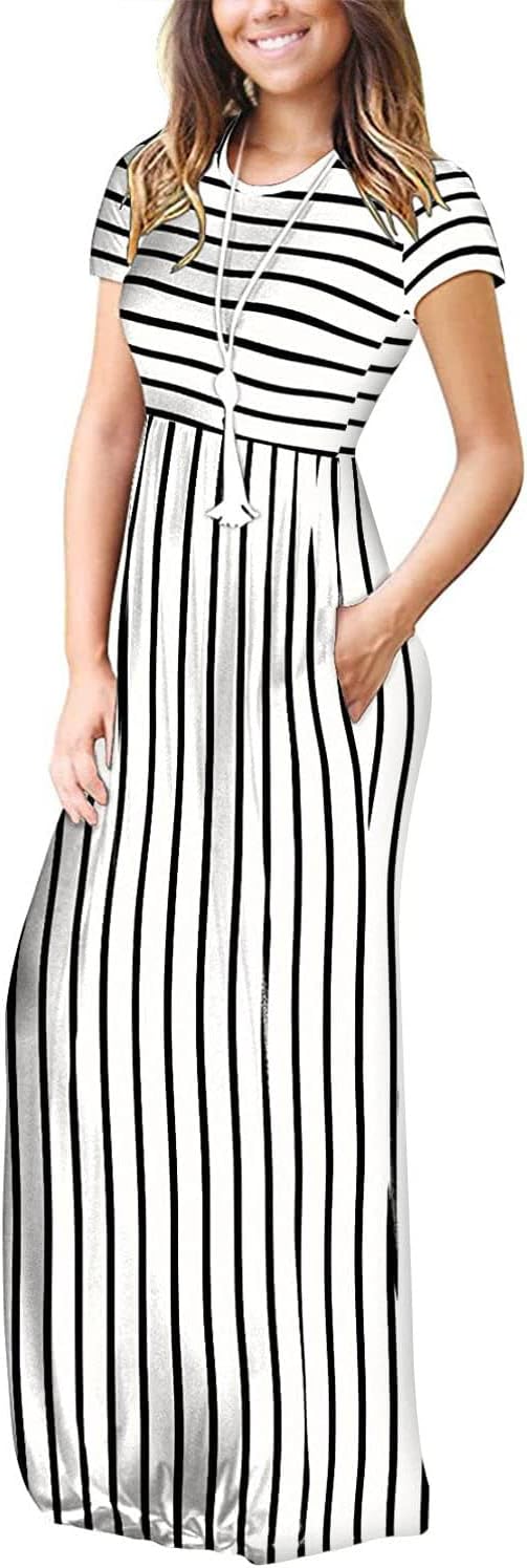 DEARCASE Maxi Dress for Women Short Sleeve Casual Summer Loose Plain Comfy Long Dresses with Pockets