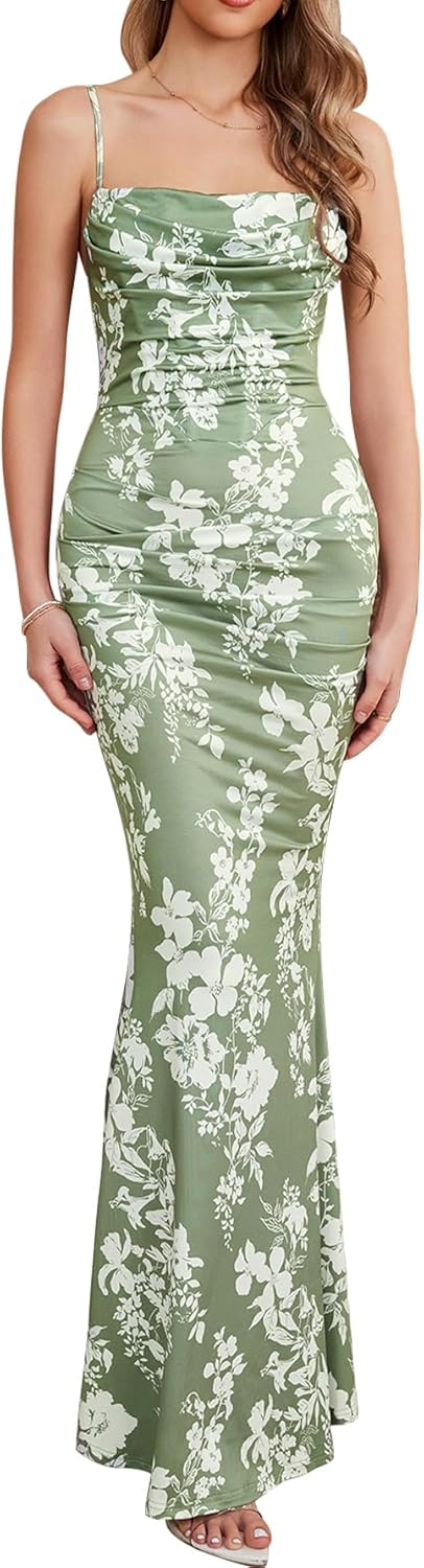 EYNMIN Women's Sleeveless Bodycon Corset Maxi Dress Spaghetti Strap Ruched Elegant Evening Wedding Guest Long Formal Dresses