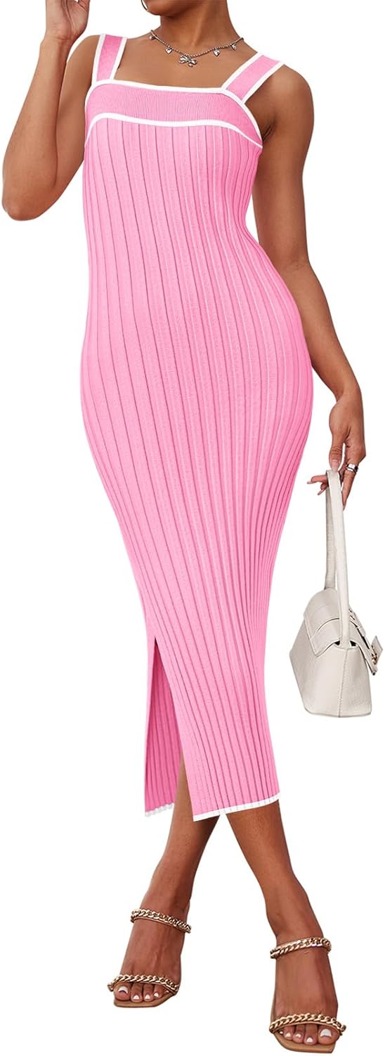 MEROKEETY Women's 2025 Summer Spring Bodycon Midi Dress Vacation Sleeveless Ribbed Knit Striped Party Sweater Dresses