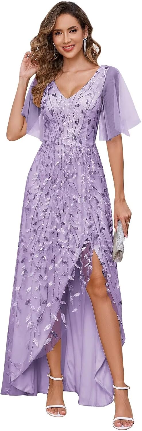 Women's Short Sleeve Mother of The Bride Dresses for Wedding Sparkly Sequin Long Formal Evening Dresses