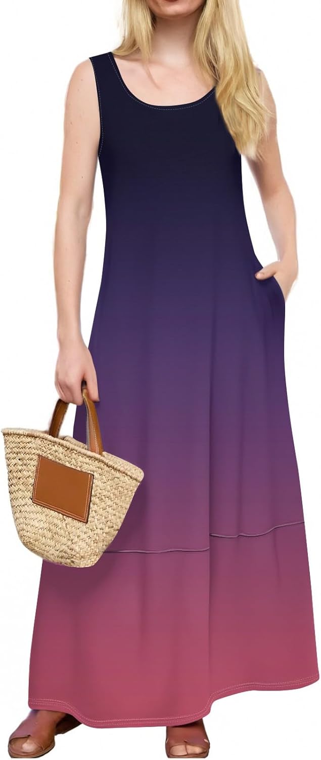Womens Summer Tank Dress Vacation Boho Floral Long Dresses with Pockets Resort Wear Swing Beach Sleeveless Sundress