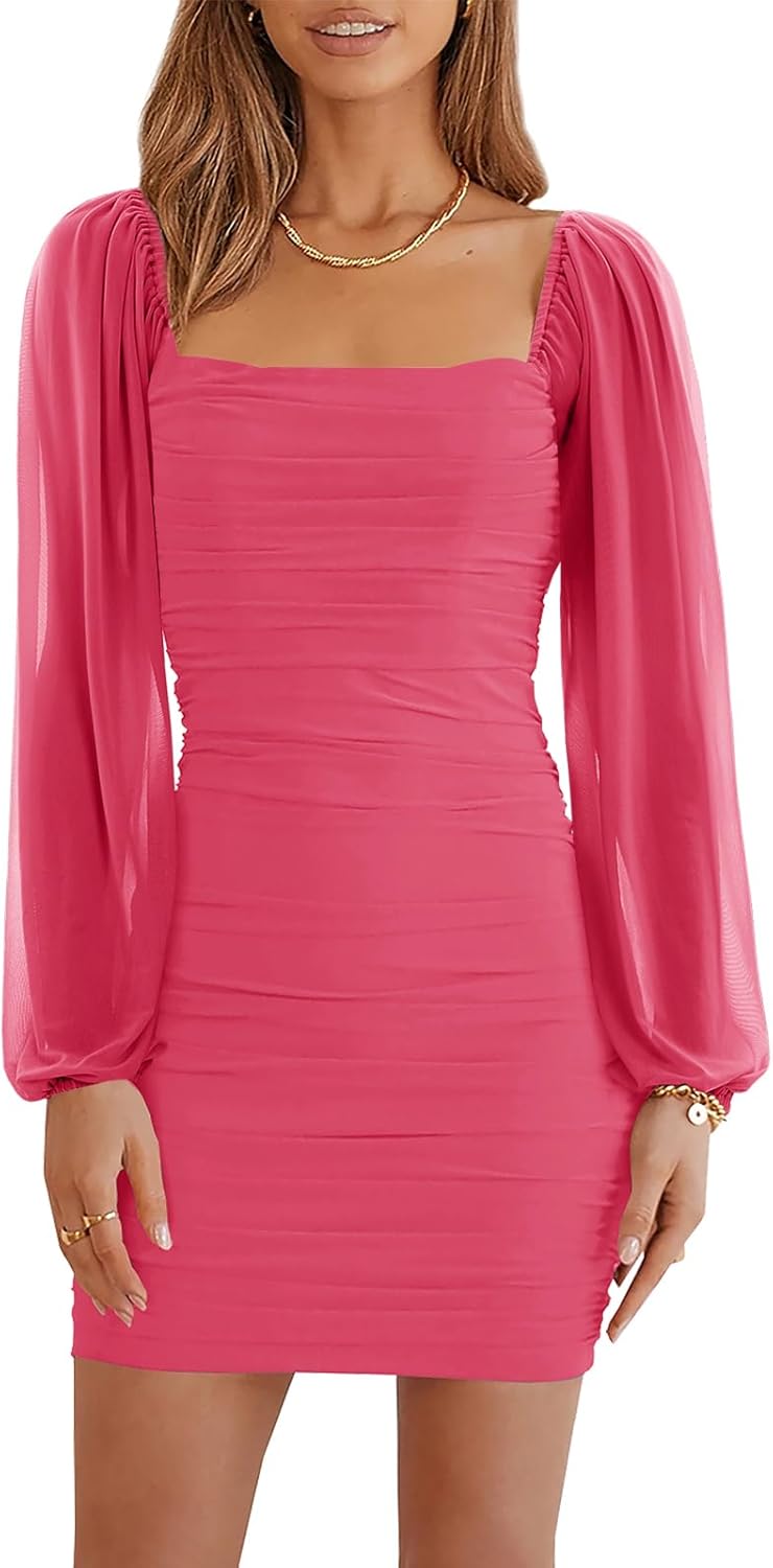 Wenrine Women's Mesh Long Sleeve Square Neck Ruched Party Club Cocktail Bodycon Mini Dress