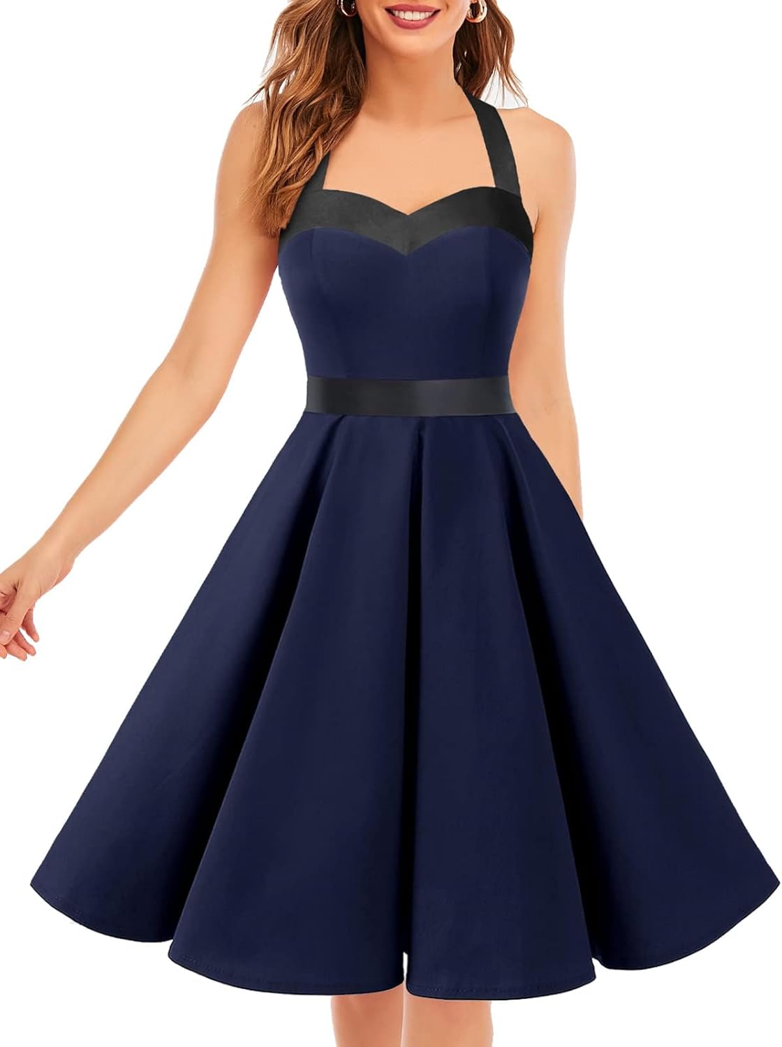DRESSTELLS Women's Vintage 1950s Cocktail Party Dress Retro Wedding Guest Halter Rockabilly Swing Dresses