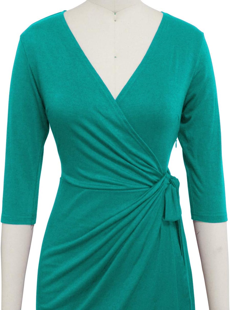 Berydress Women's Classic 3/4 Sleeve V Neck Sheath Casual Party Work Faux Black Wrap Dress