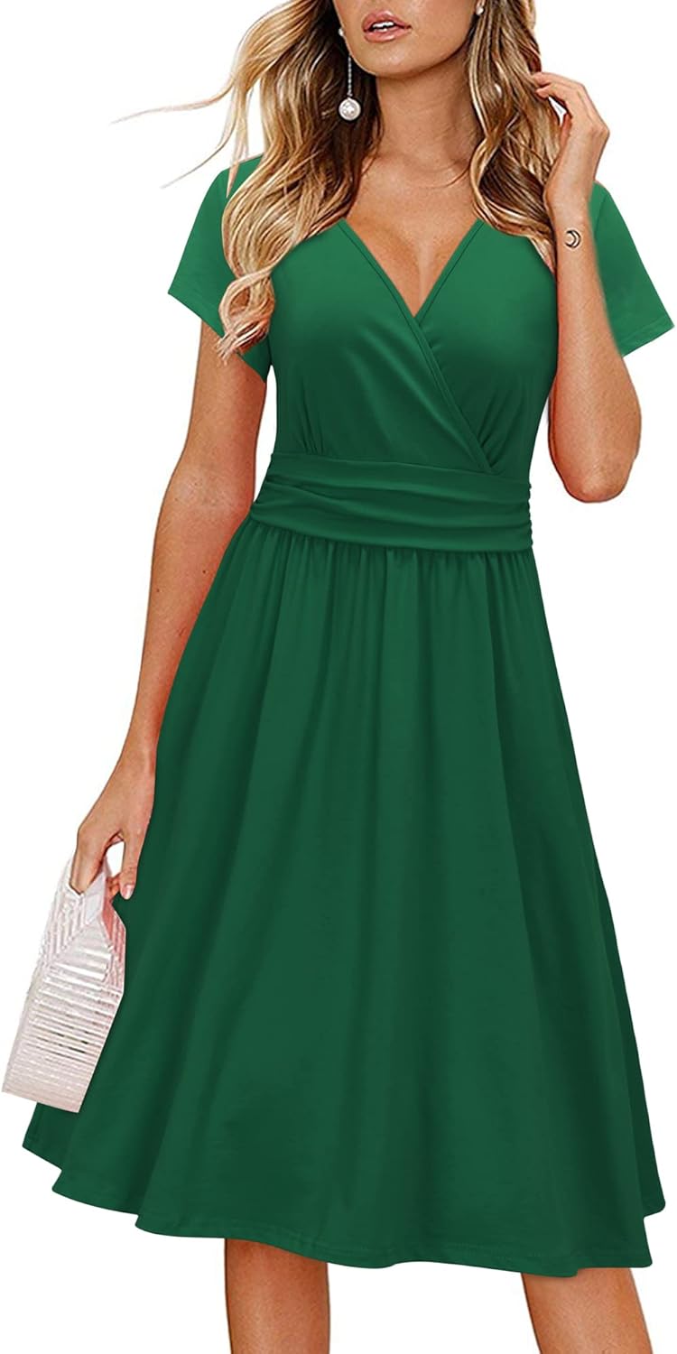 OUGES Women's Summer Short Sleeve V-Neck Floral Short Party Dress with Pockets