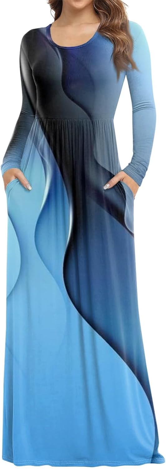 Long Sleeve Maxi Dress for Women Elegant Crew Neck Flowy Swing Dresses Solid Color Wedding Guest Dresses