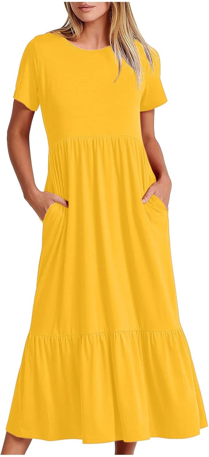 XUNRYAN Summer Dresses for Women 2024 Casual Calf Length Maxi Dress Pleated Flowy Tiered Swing Beach Sundress with Pockets