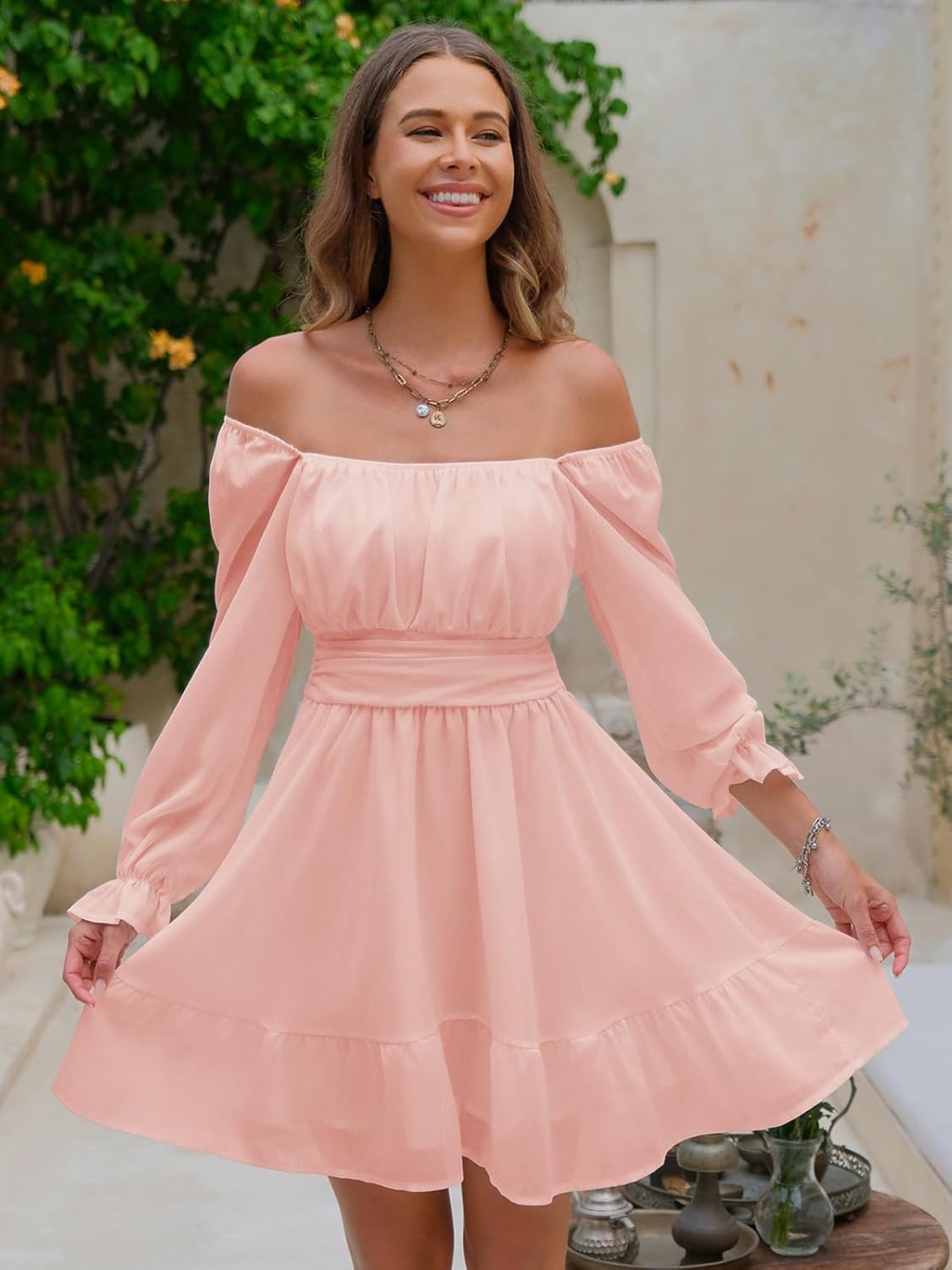 EXLURA Women's 2025 Casual Long Lantern Sleeve Dresses Square Neck Ruffle Tie Back Elastic Waist Aline Short Mini Dress
