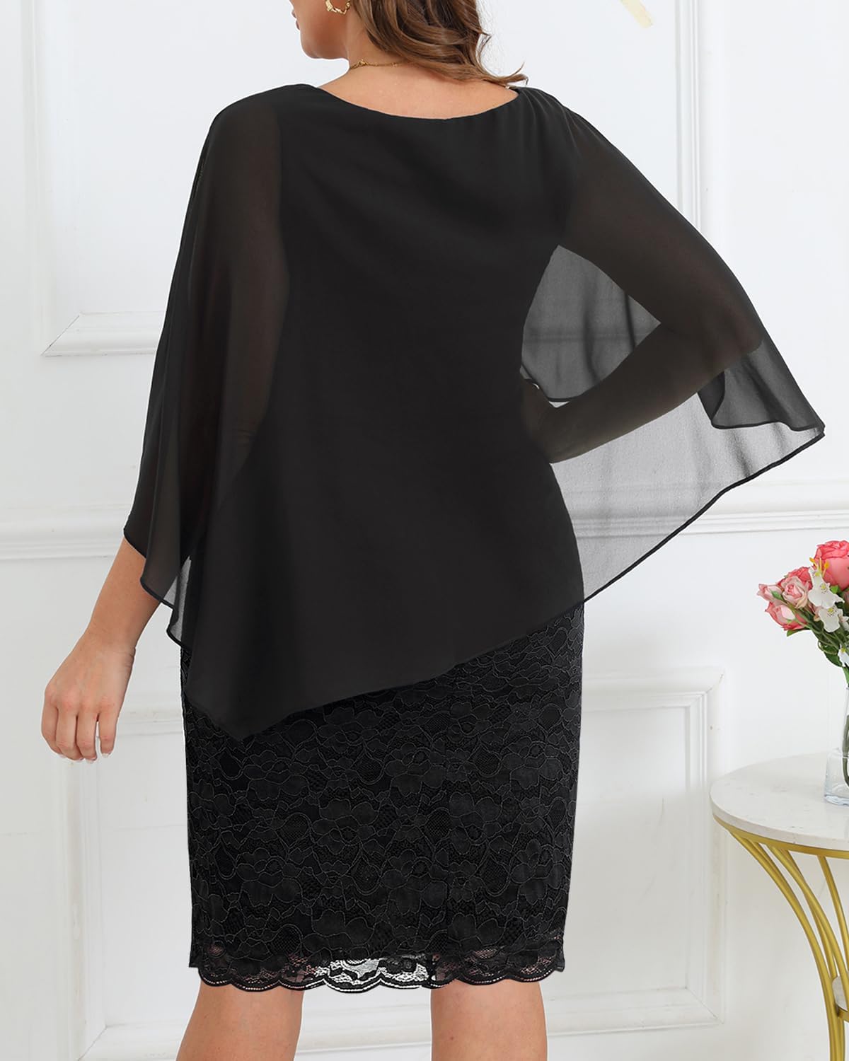 Plus Size Dresses Wedding Guest - Mother Bride Semi Formal Lace Cape with Chiffon Overlay Dresses