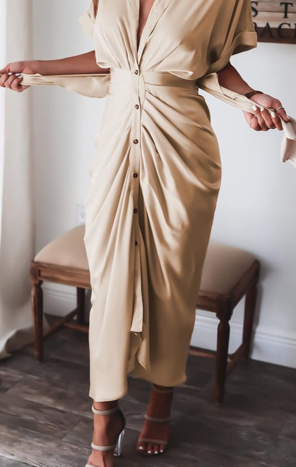 Women's Swing Classic Cute Maxi Ruched Breathable Shirt Dresses Bownot Slim Fitted Dress