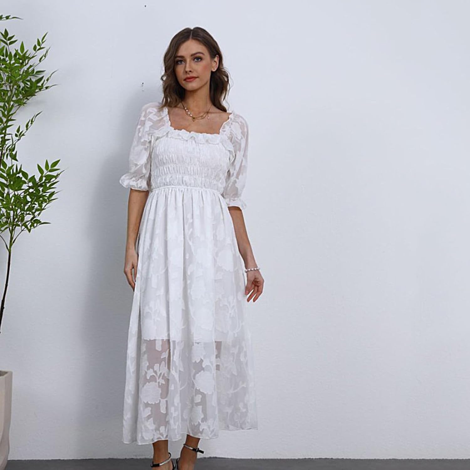 Women Floral Easter Spring Summer Dress Square Neck Chiffon Boho 2025 Maxi Long Wedding Guest Bridal Shower Dresses