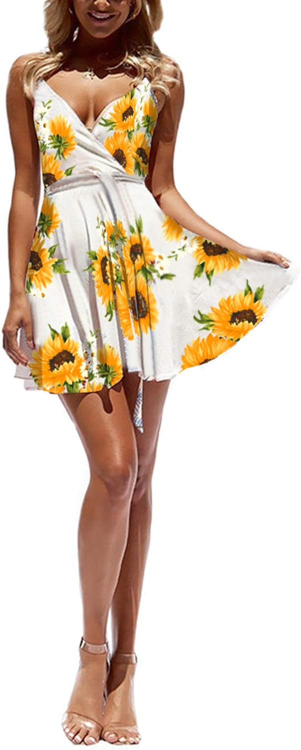 ECOWISH Summer Dresses for Women 2025 V-Neck Spaghetti Strap Bowknot Backless Sleeveless Lace Mini Swing Skater Dress