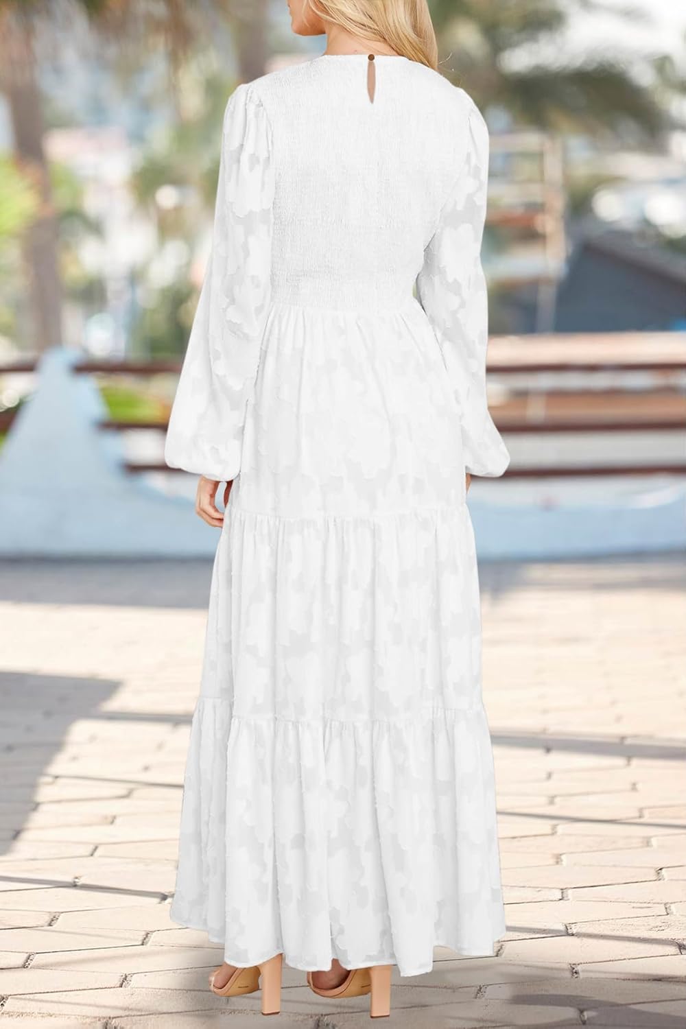 MITILLY Women's Elegant Floral Long Sleeve Round Neck Smocked A-Line Flowy Tiered Maxi Dress with Pockets