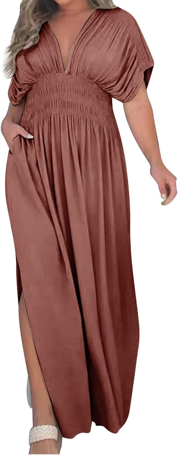 Women's Casual Maxi Dresses Ruffle Sleeve Smocked Dress High Waisted Plus Size Long Dresses Split Flowy Sundress
