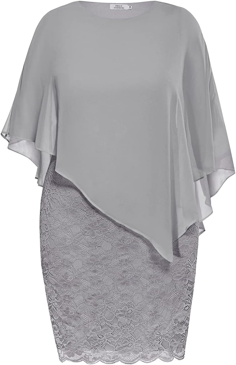 Plus Size Dresses Wedding Guest - Mother Bride Semi Formal Lace Cape with Chiffon Overlay Dresses