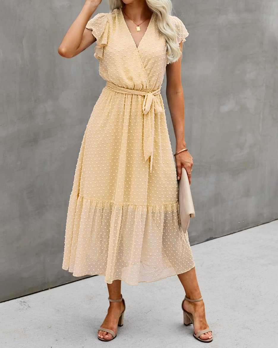 BTFBM Women Summer Bohemian Floral Casual Wrap V Neck Ruffle Cap Sleeveless Belt A-Line Pleated Hem Midi Sun Dress White