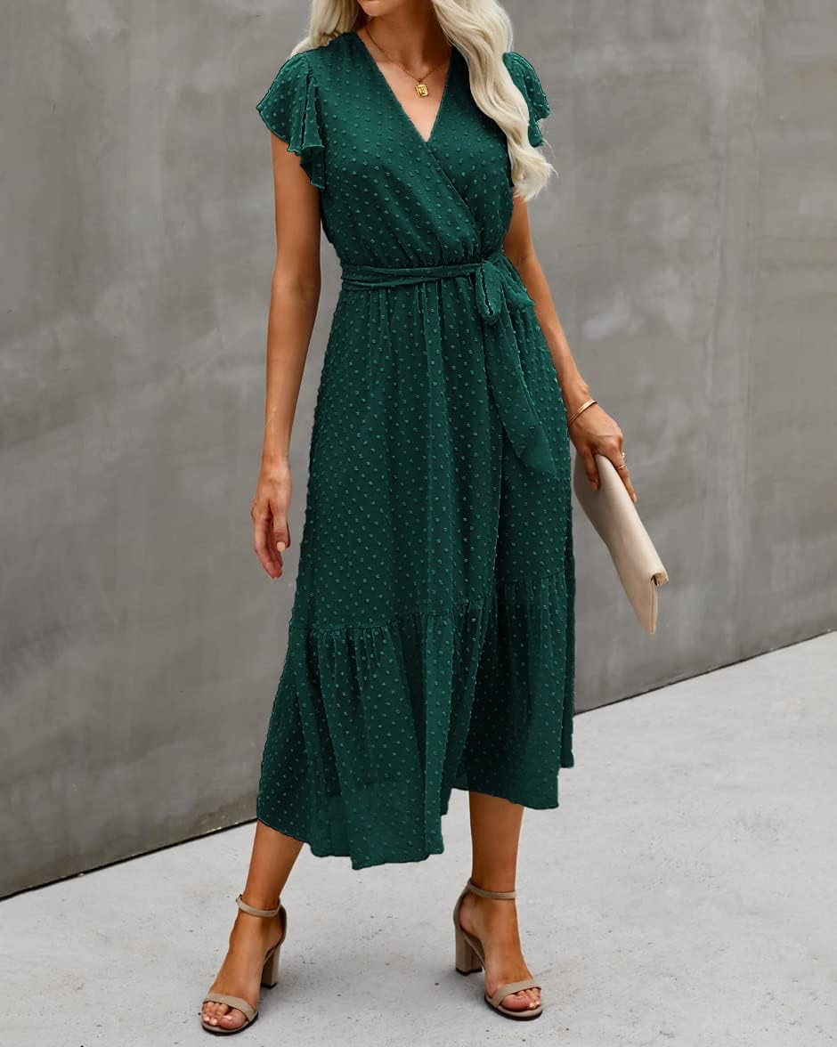 BTFBM Women Summer Bohemian Floral Casual Wrap V Neck Ruffle Cap Sleeveless Belt A-Line Pleated Hem Midi Sun Dress White