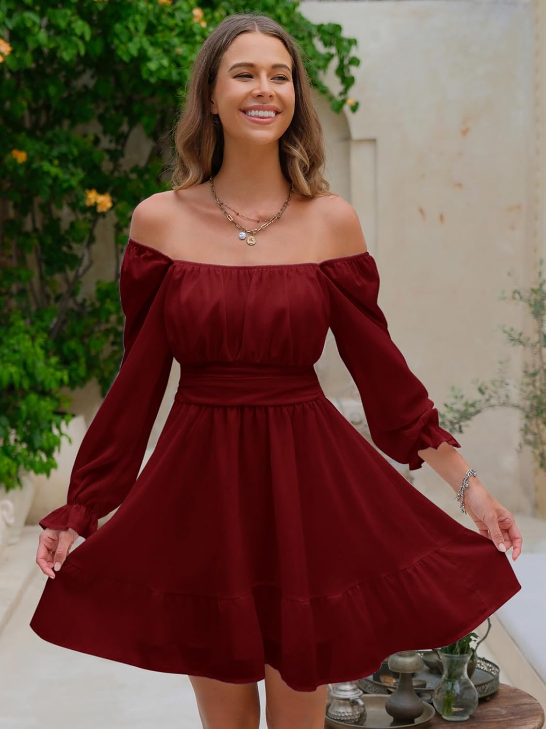 EXLURA Women's 2025 Casual Long Lantern Sleeve Dresses Square Neck Ruffle Tie Back Elastic Waist Aline Short Mini Dress