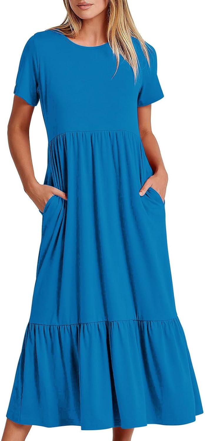 XUNRYAN Summer Dresses for Women 2024 Casual Calf Length Maxi Dress Pleated Flowy Tiered Swing Beach Sundress with Pockets