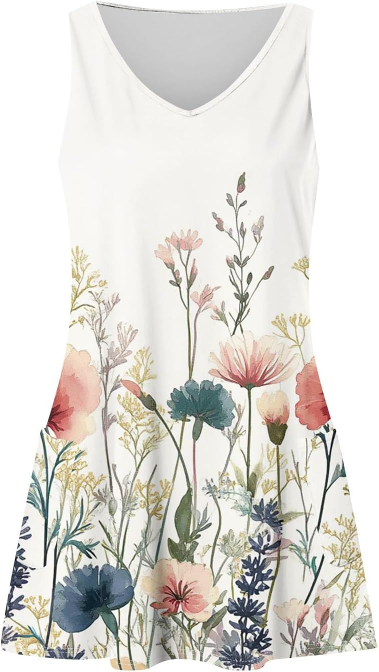 Women's Sleeveless Floral Print Summer Dress Casual V-Neck A-Line Mini Dress for Beach Party and Daily Wear