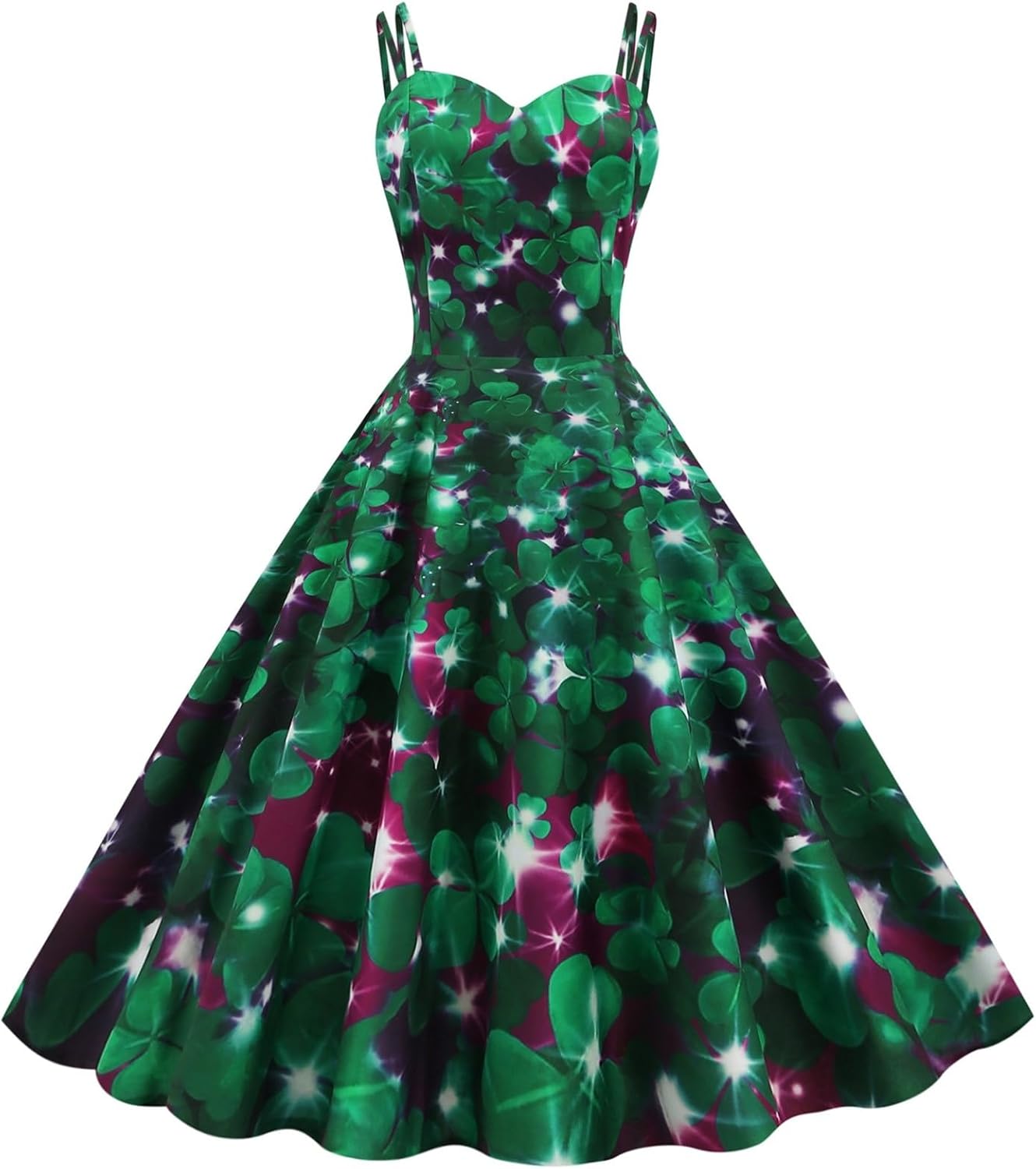 aihihe St Patricks Day Dress for Women A Line Pleated Hepburn Dress Lukcy Shamrock Print Irish Dress 2024 Vintage Dress