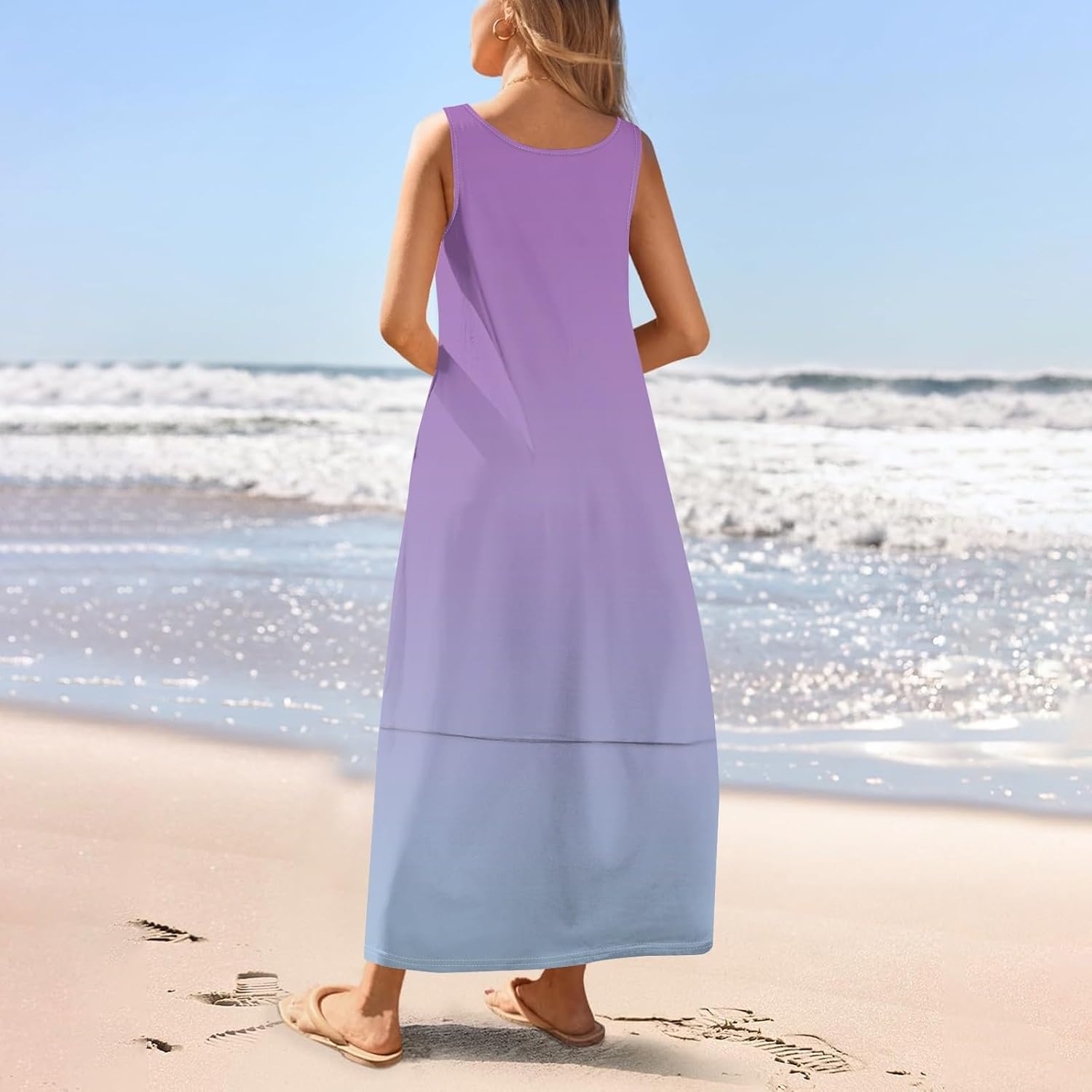 Womens Summer Tank Dress Vacation Boho Floral Long Dresses with Pockets Resort Wear Swing Beach Sleeveless Sundress