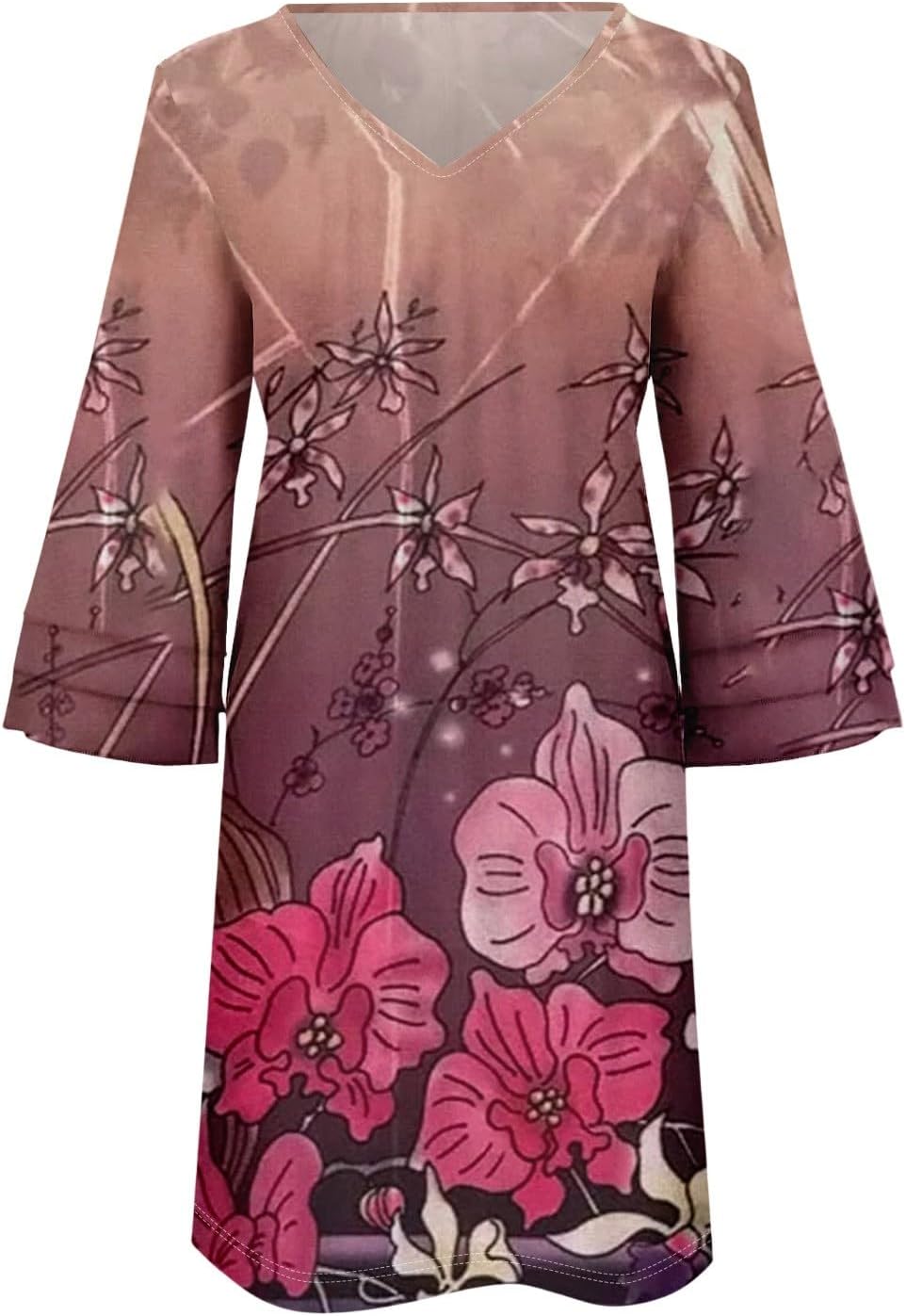 Beach Dresses for Women,2025 Summer Trendy Floral Print Boho Dress,Casual Loose V Neck Bell 3/4 Sleeve Mini Dress