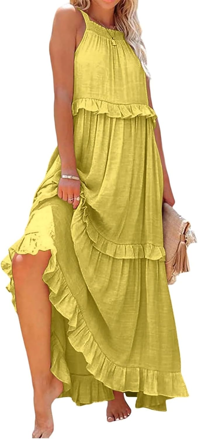 Boho Dresses for Women,2025 Summer Flowy Ruffle Tiered Swing Smocked Beach Sundress,Sleeveless Halter Maxi Dress