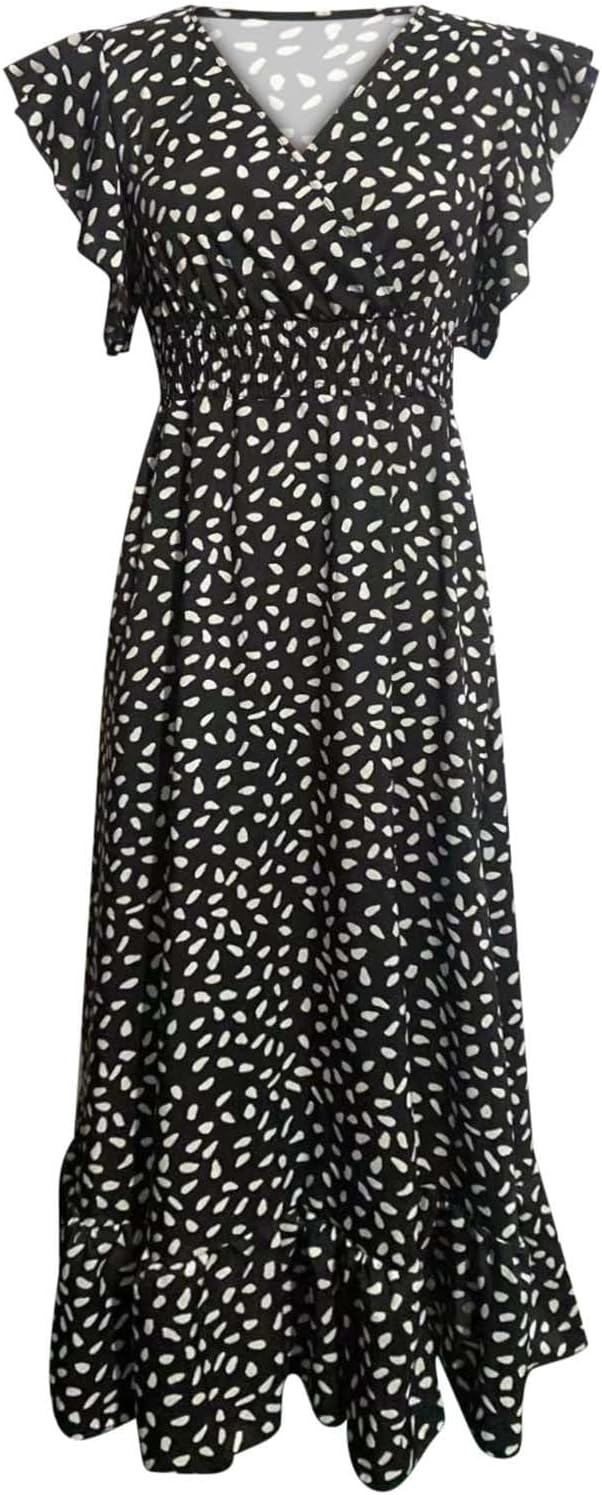 2024 Womens Summer Dresses Casual Boho Floral Ruffle Sleeve Midi Dresses Trendy Tie Waist V-Neck Sundress Beach Dress