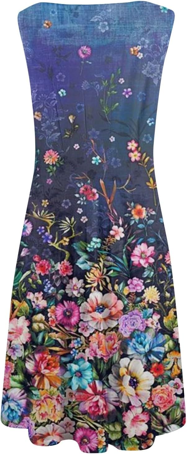 Womens Tank Sundress 2025 Casual Floral Print Tshirt Dress Swing Sleeveless Midi Dress Crewneck Pleated Summer Dresses