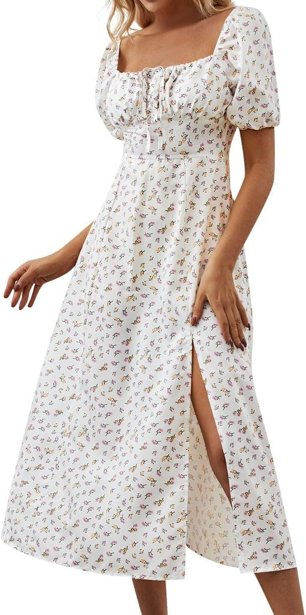 Women's Sundresses 2025 Summer Casual Loose Trendy Bubble Sleeve Square Neck Split Bow Floral Print Dress Plus Size, XS-3XL