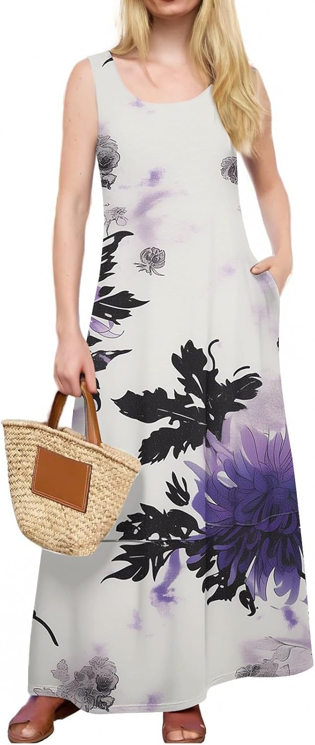 Womens Summer Tank Dress Vacation Boho Floral Long Dresses with Pockets Resort Wear Swing Beach Sleeveless Sundress