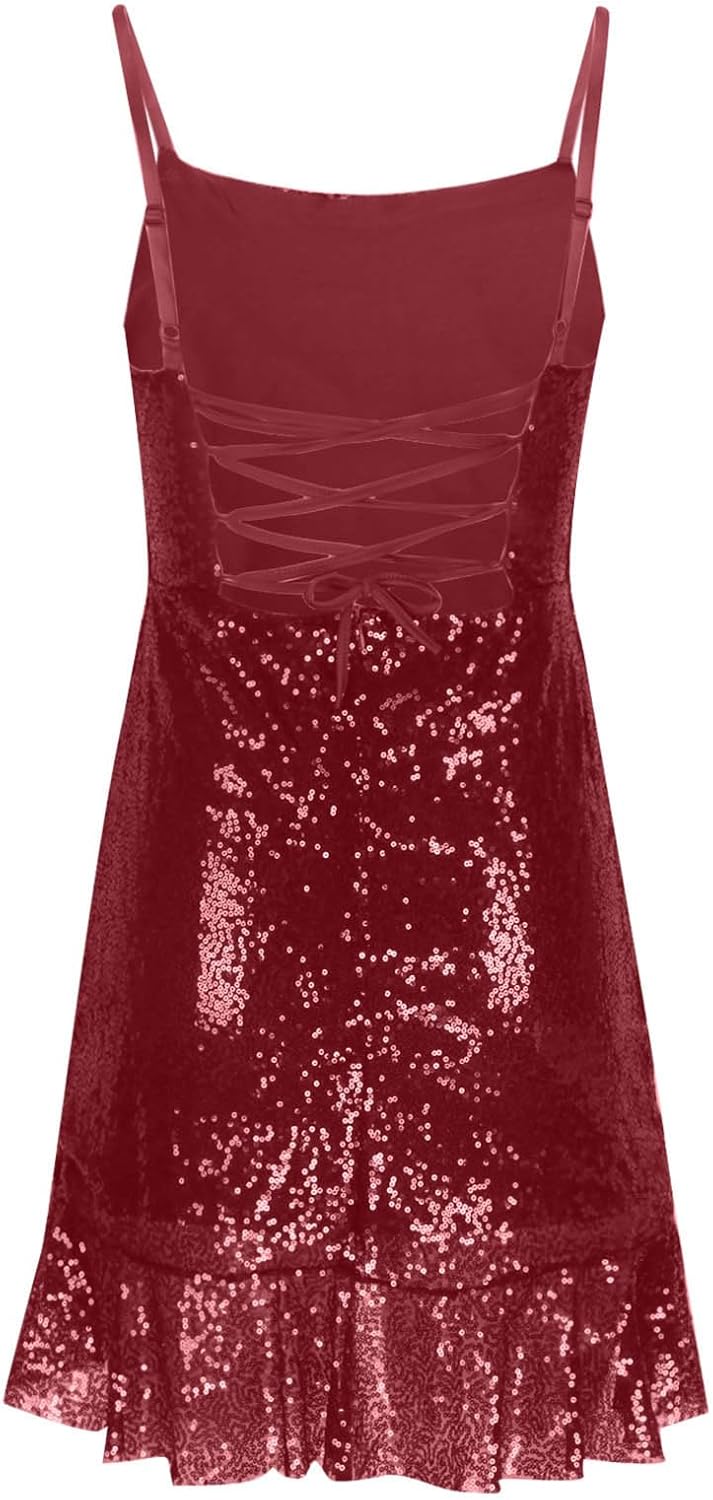 Binmer Women Sparkly Sequin Mini Dress Sexy Glitter Spaghetti Strap Backless Ruffle Hem Cami Short Mini Club Party Dresses