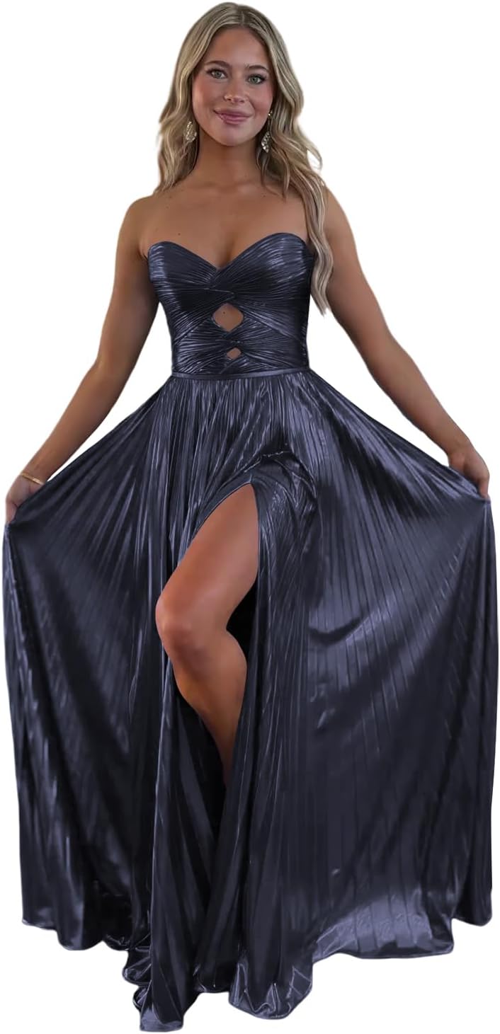 Loyeloy Sparkly Metallic Prom Dresses with Slit A Line Keyhole Satin Long Prom Ball Gowns for Women