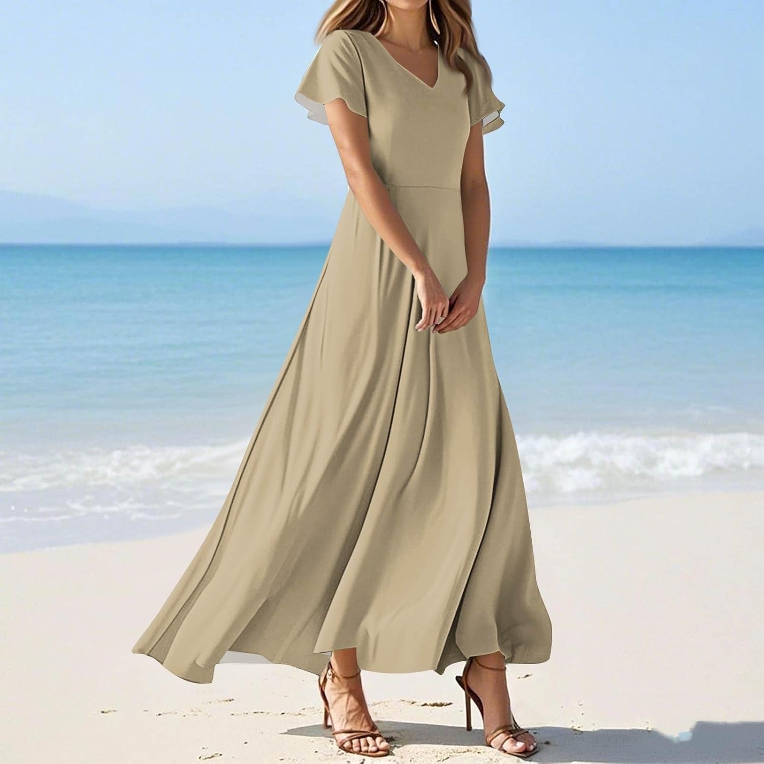 Womens Fashion V Neck Ruffle Short Sleeve Maxi Dress 2025 Summer Elegant Solid Color Flowy A Line Dresses