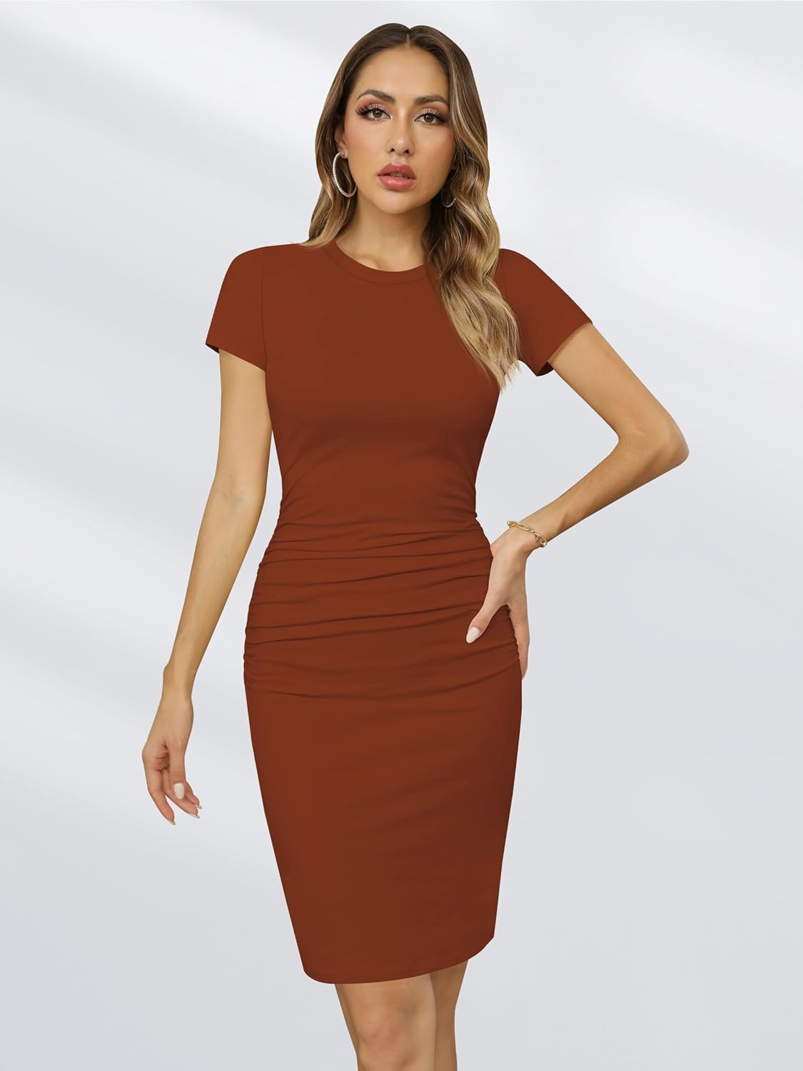 Missufe Women's Short Sleeve Ruched Casual Sundress Midi Bodycon T Shirt Dress