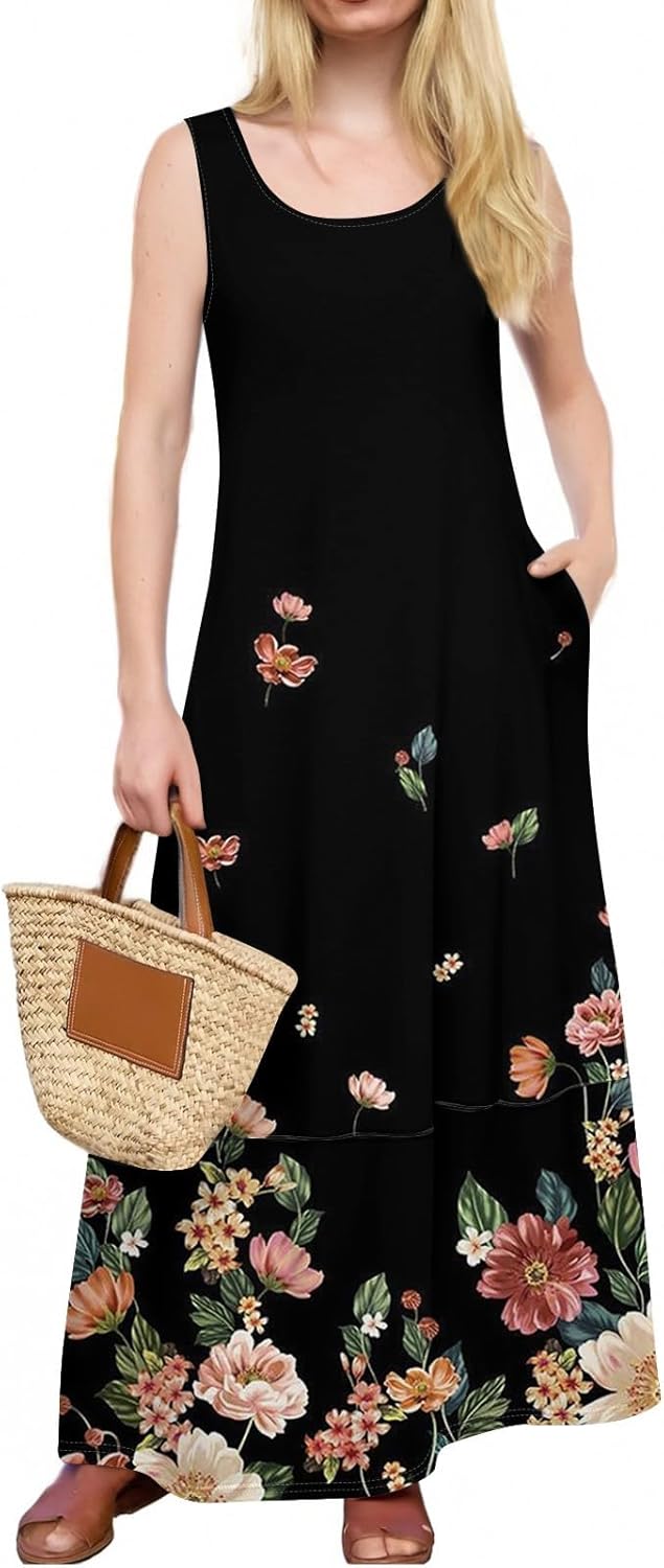 Womens Summer Tank Dress Vacation Boho Floral Long Dresses with Pockets Resort Wear Swing Beach Sleeveless Sundress