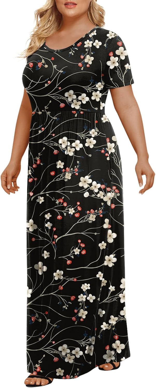 LONGYUAN Women's Plus Size Maxi Dresses for Curvy Women Summer Short Sleeve Casual 2025 Long Dress XL-6XL