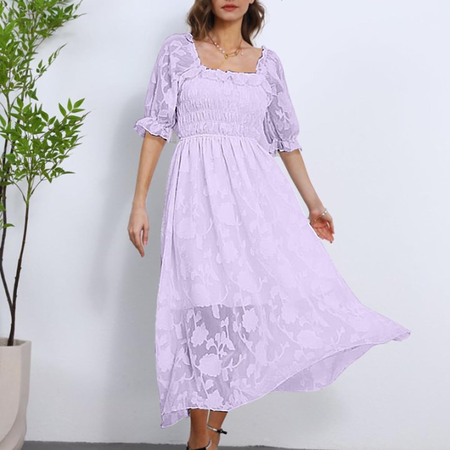 Women Floral Easter Spring Summer Dress Square Neck Chiffon Boho 2025 Maxi Long Wedding Guest Bridal Shower Dresses