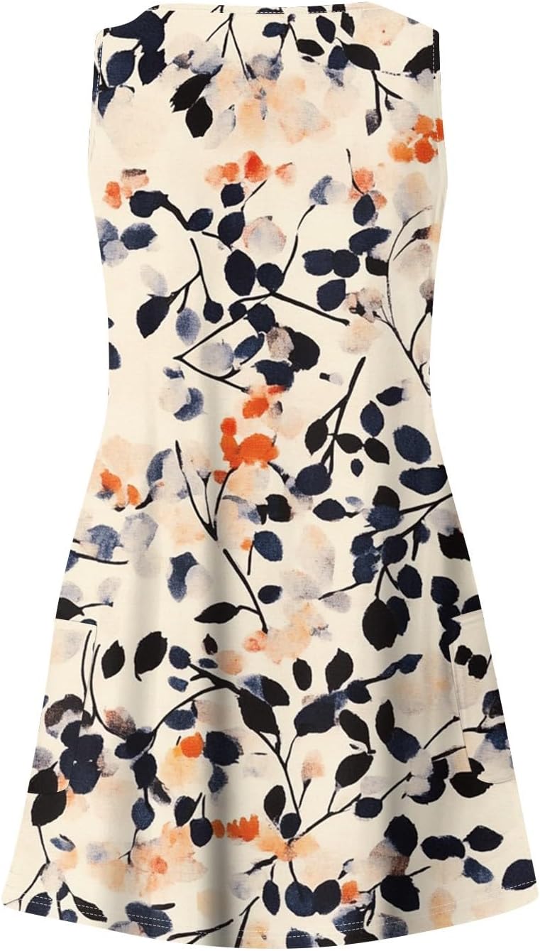 Women's Sleeveless Floral Print Summer Dress Casual V-Neck A-Line Mini Dress for Beach Party and Daily Wear