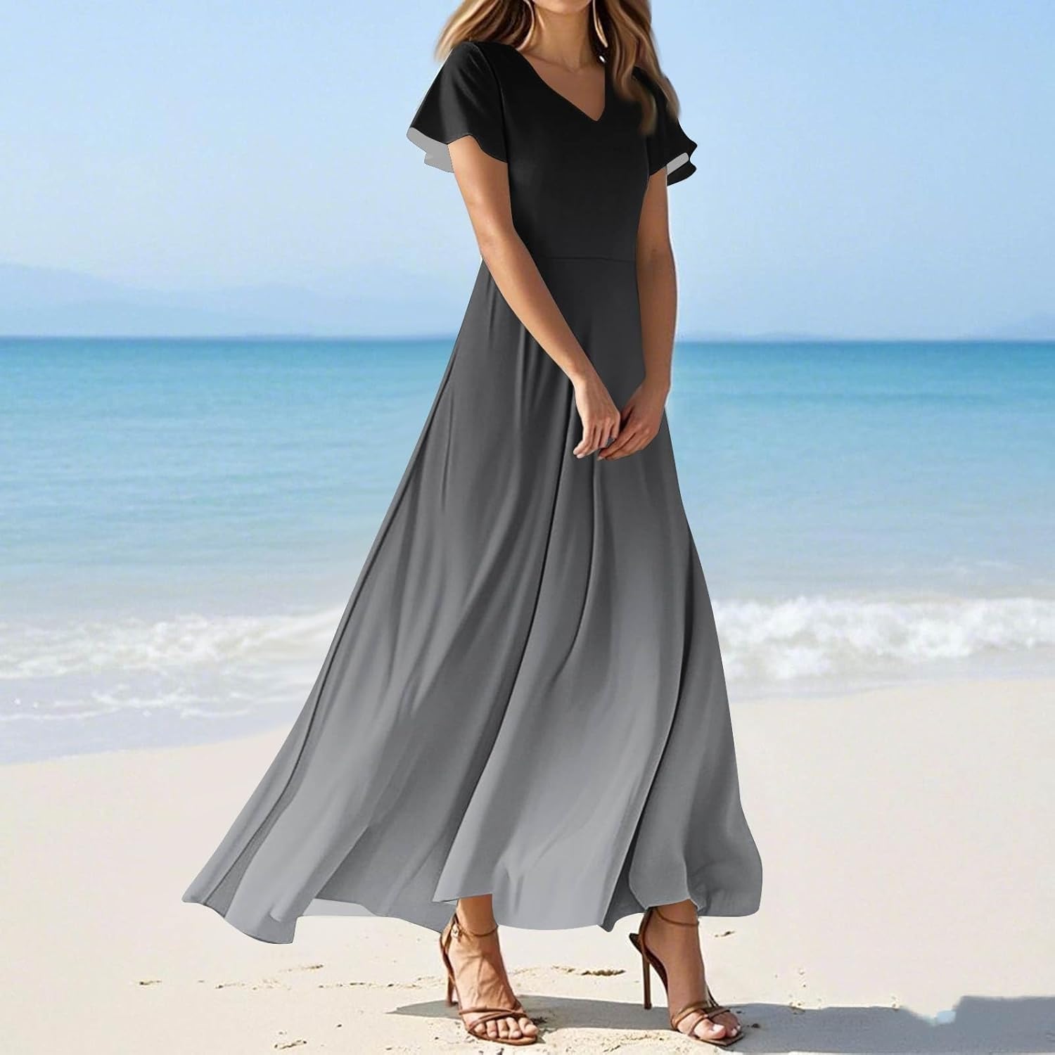 Womens Fashion V Neck Ruffle Short Sleeve Maxi Dress 2025 Summer Elegant Solid Color Flowy A Line Dresses