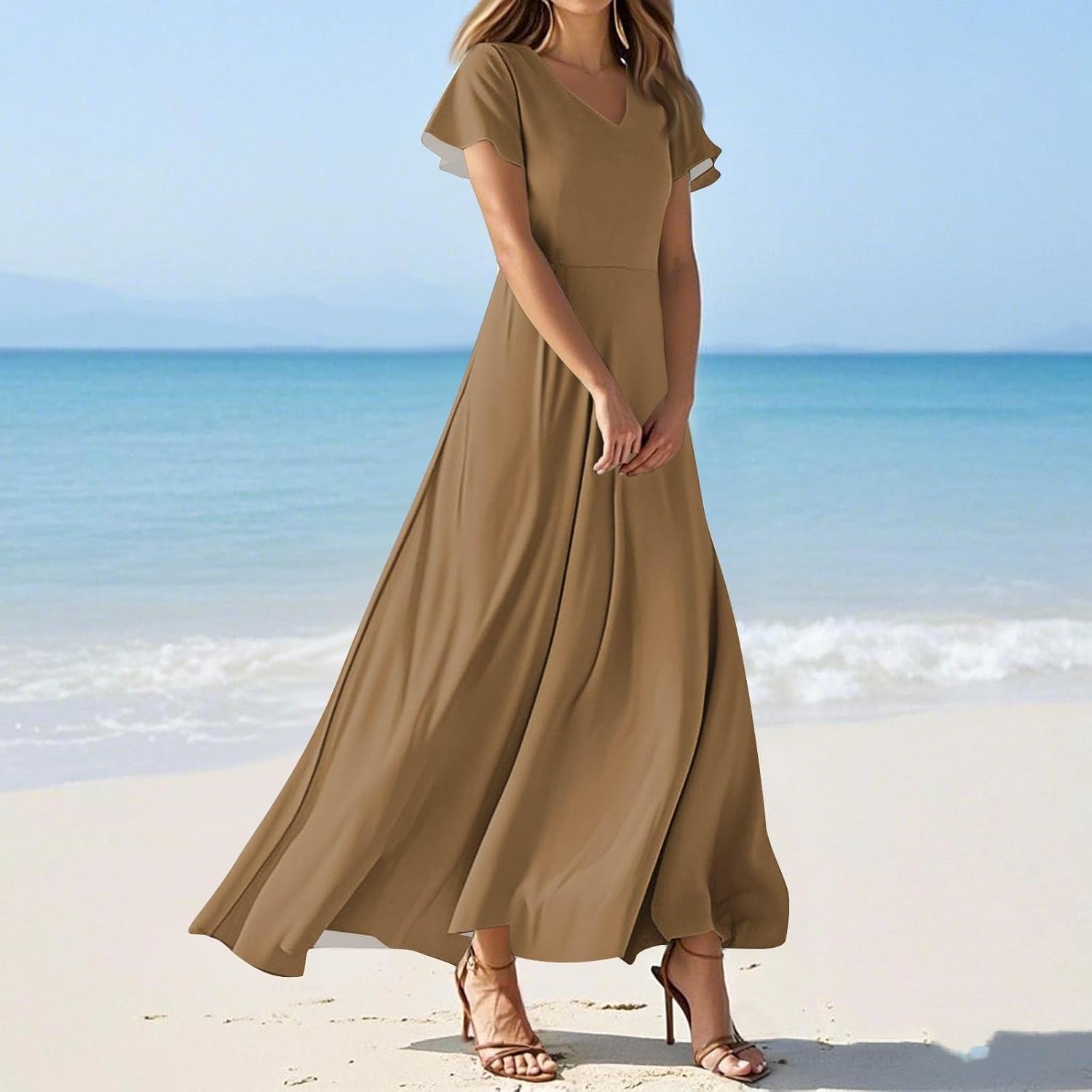 Womens Fashion V Neck Ruffle Short Sleeve Maxi Dress 2025 Summer Elegant Solid Color Flowy A Line Dresses