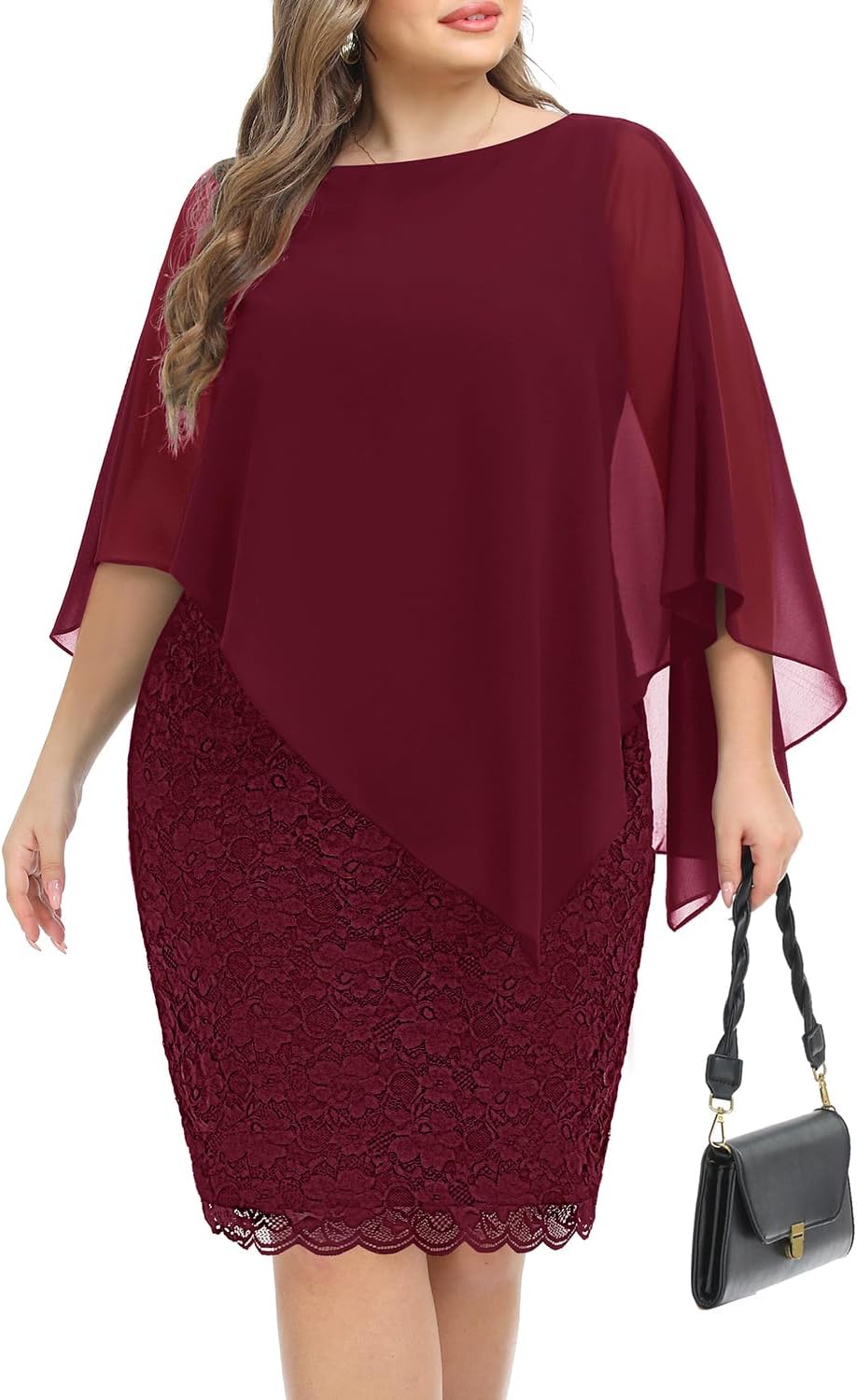 Plus Size Dresses Wedding Guest - Mother Bride Semi Formal Lace Cape with Chiffon Overlay Dresses