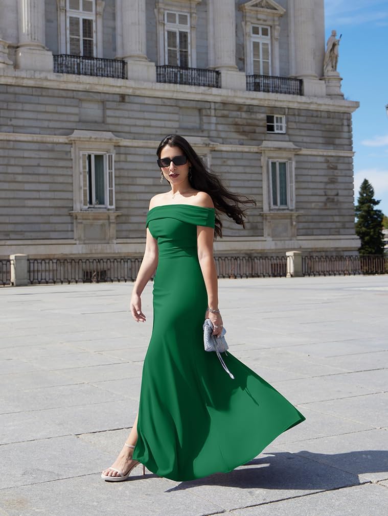 LAGSHIAN Women's Elegant Bodycon Off Shoulder Sleeveless High Split Ruched Long Formal Evening Dress