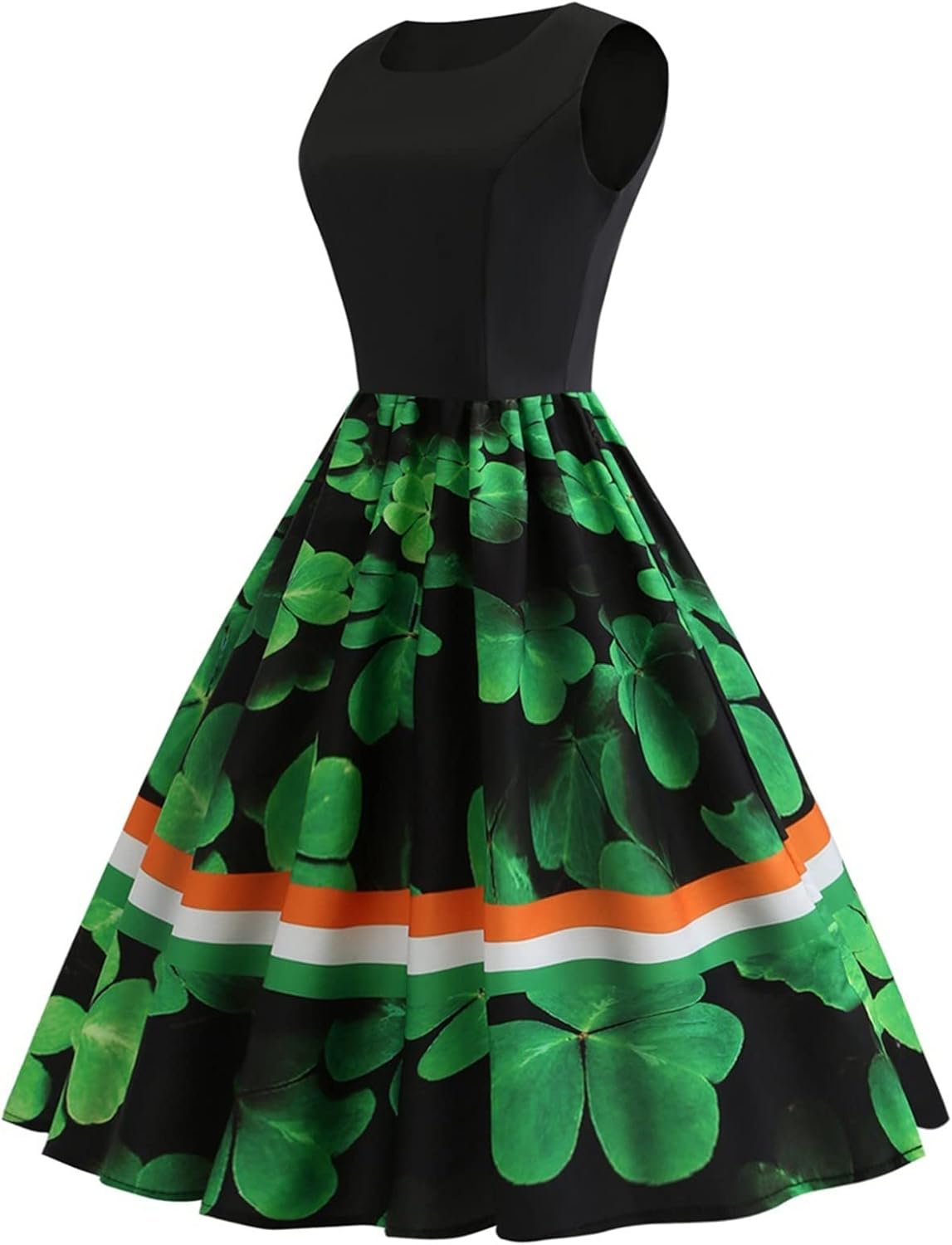 aihihe St Patricks Day Dress for Women A Line Pleated Hepburn Dress Lukcy Shamrock Print Irish Dress 2024 Vintage Dress