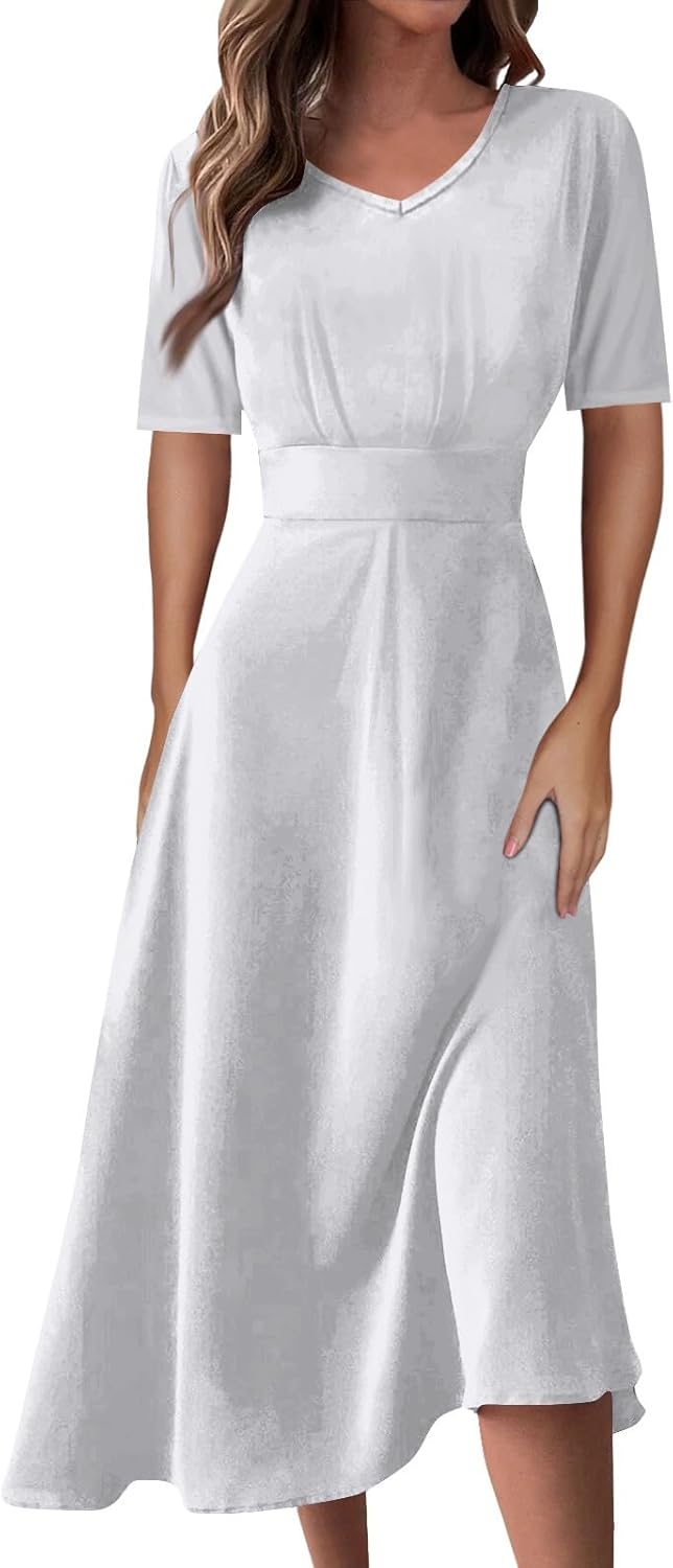 Women's Summer Elegant Cocktail Dress Solid Color Swing V-Neck Party Gown Dresses, S-2XL