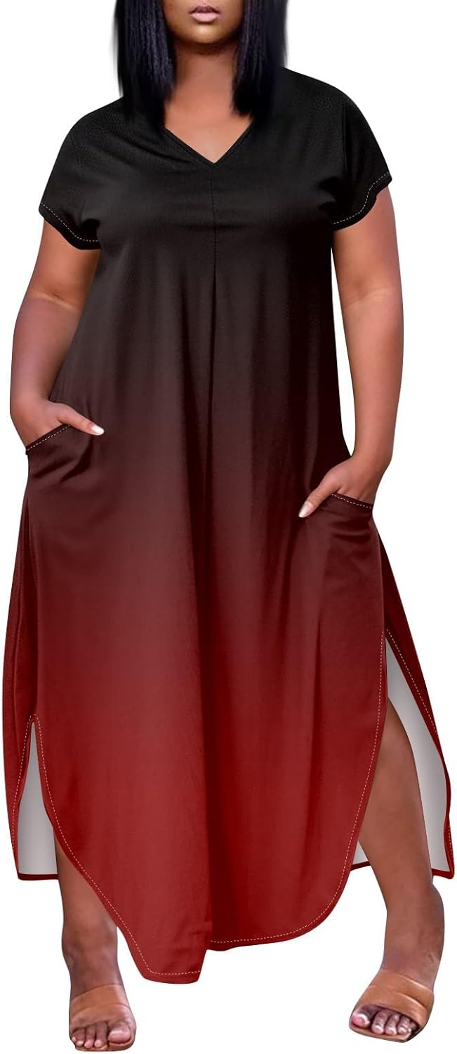 Maxi Dresses for Women 2025 Plus Size Tie Dye V Neck Dress Short Sleeve Side Split Beach Summer Sundress with Pocket