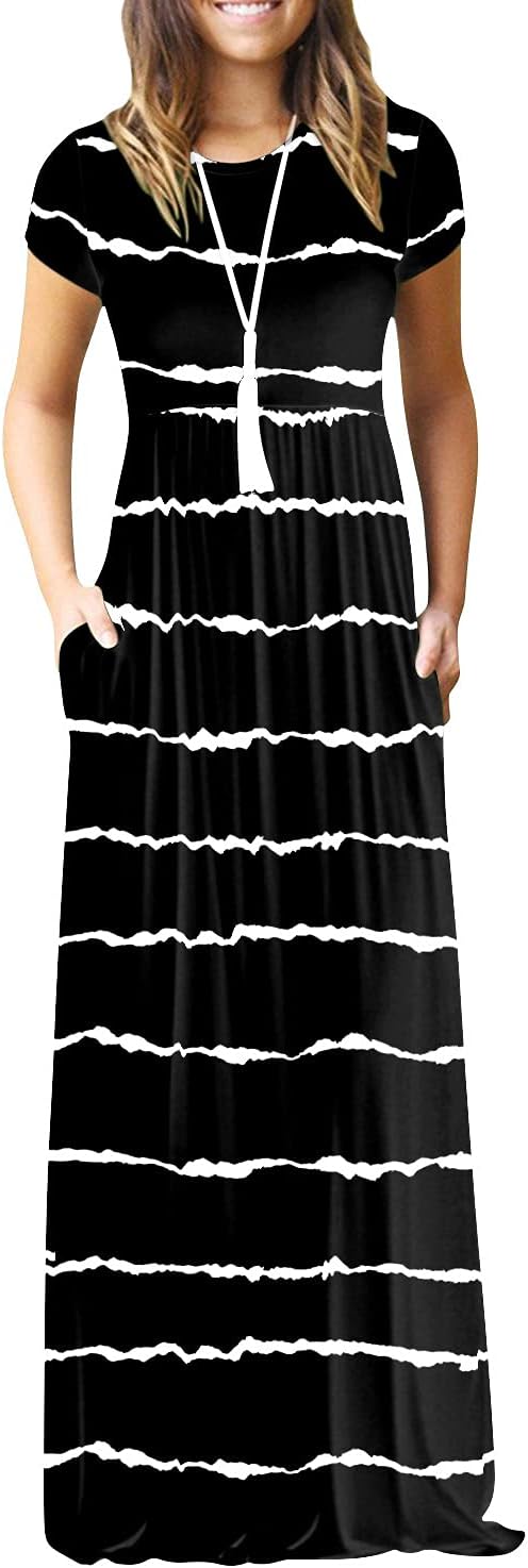 DEARCASE Maxi Dress for Women Short Sleeve Casual Summer Loose Plain Comfy Long Dresses with Pockets